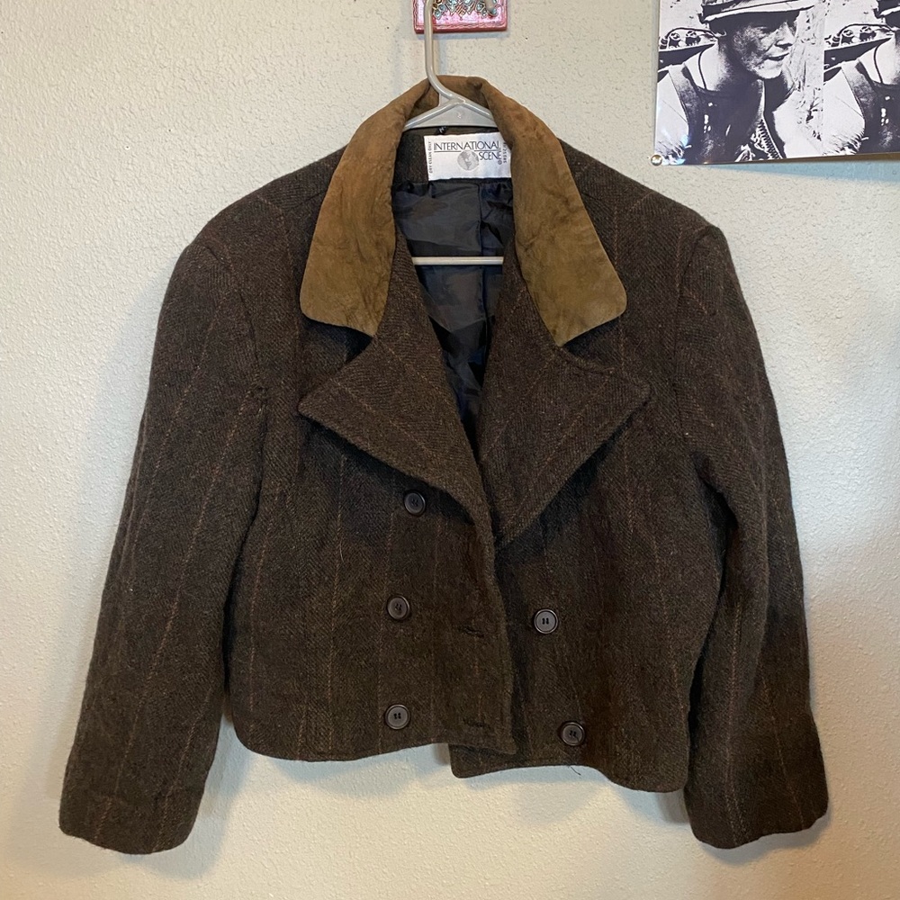 Vintage dark brown cropped wool jacket with suede collar